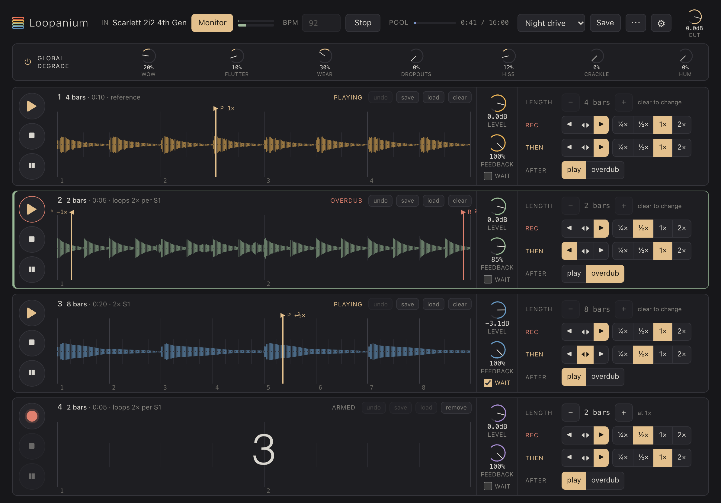 Four stereo loop strips with waveforms, independent record and play heads, and tape-style controls.