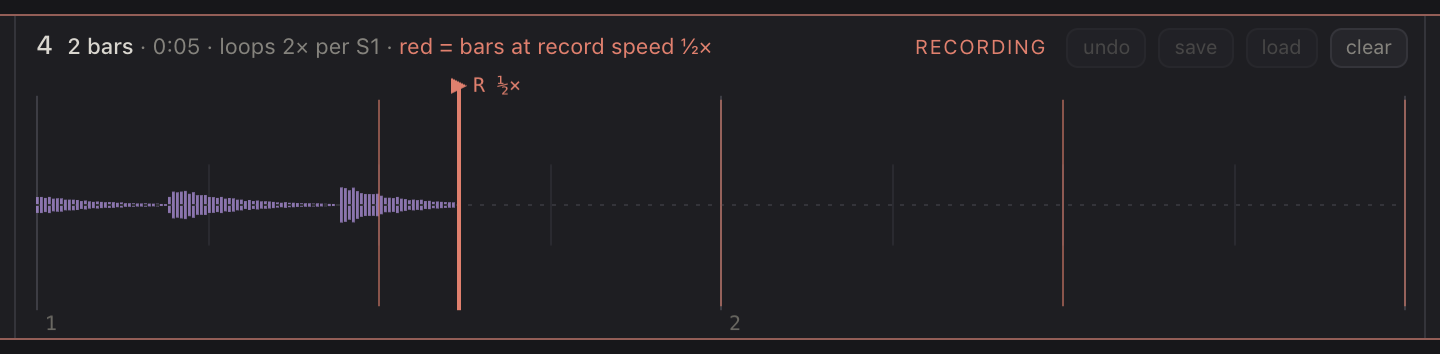 Recording at ½×: red lines mark the bars as you play them.