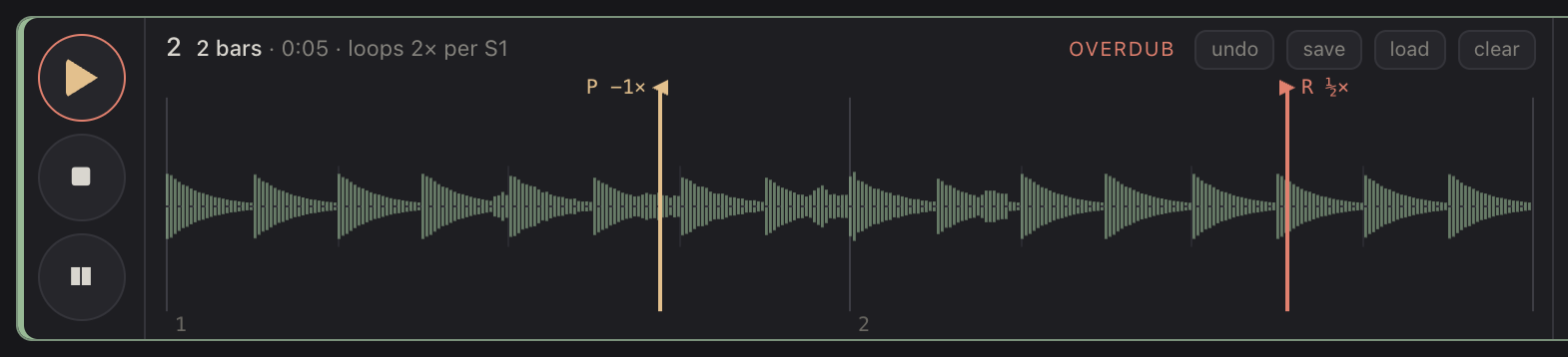A strip while overdubbing: buttons and waveform.